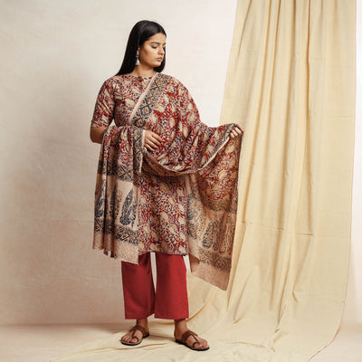 Red - Kalamkari Block Printing Cotton Kurta with Palazzo & Dupatta Set