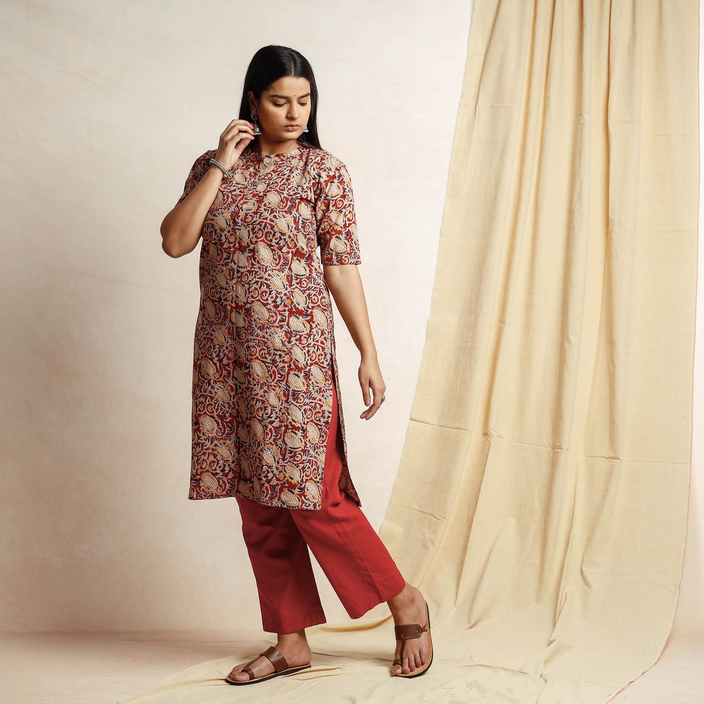 Red - Kalamkari Block Printing Cotton Kurta with Palazzo & Dupatta Set