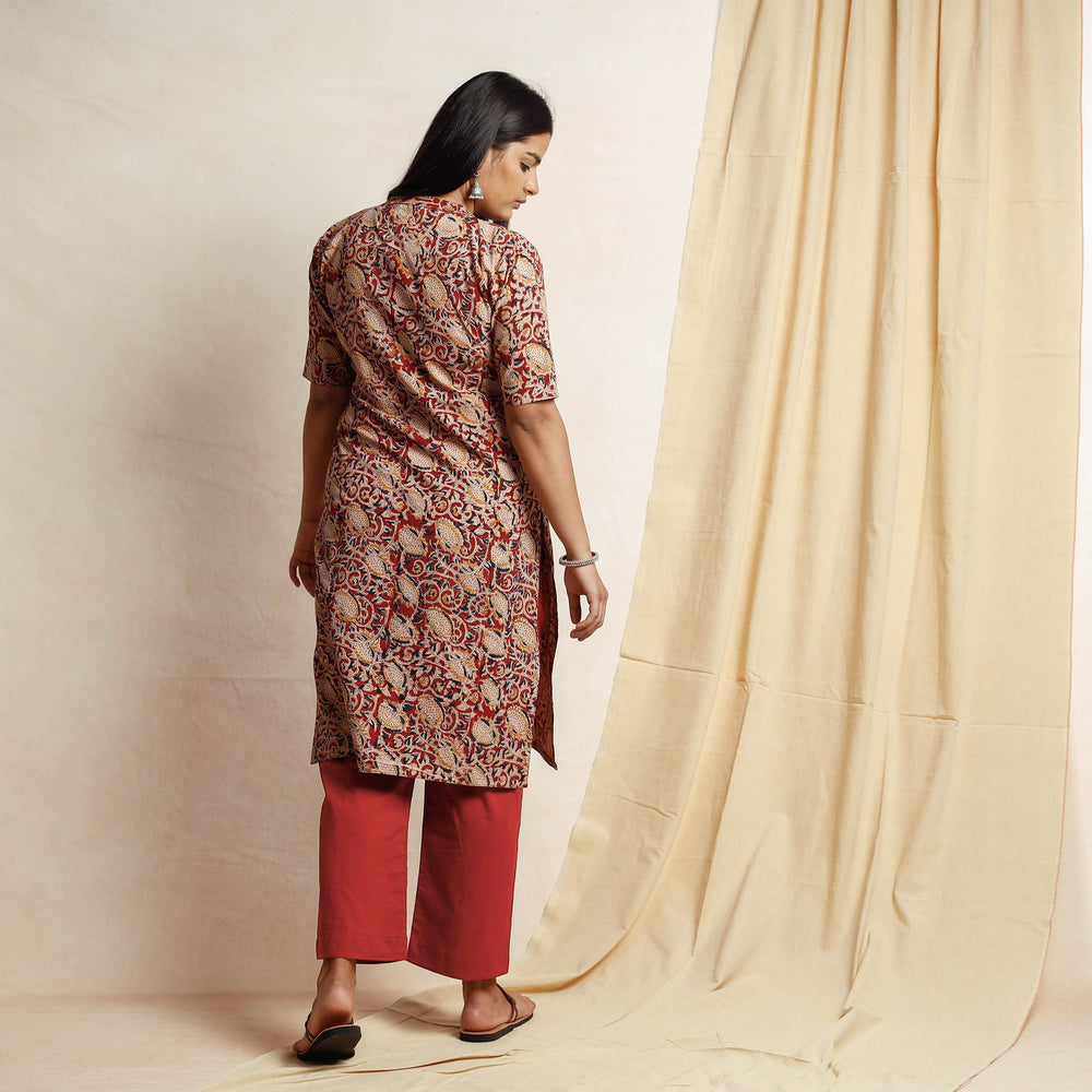 Red - Kalamkari Block Printing Cotton Kurta with Palazzo & Dupatta Set