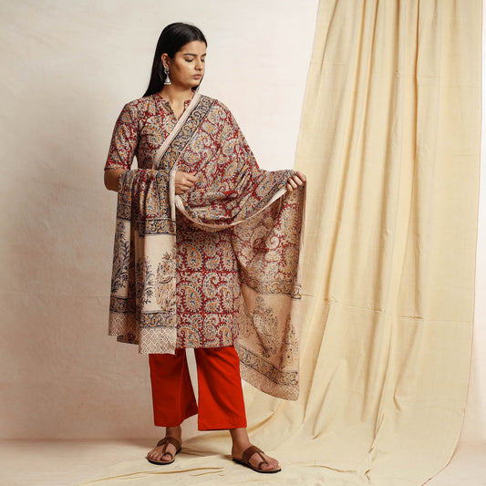 Red - Kalamkari Block Printing Cotton Kurta with Palazzo & Dupatta Set