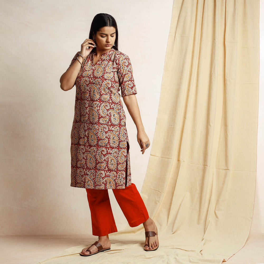 Red - Kalamkari Block Printing Cotton Kurta with Palazzo & Dupatta Set