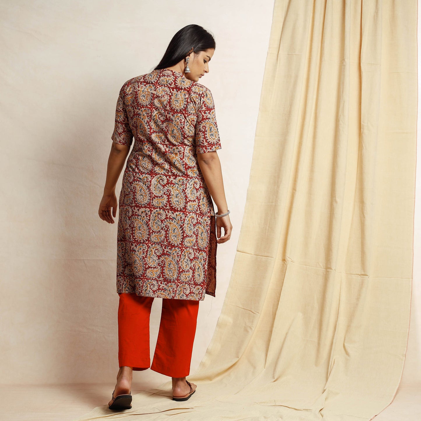 Red - Kalamkari Block Printing Cotton Kurta with Palazzo & Dupatta Set