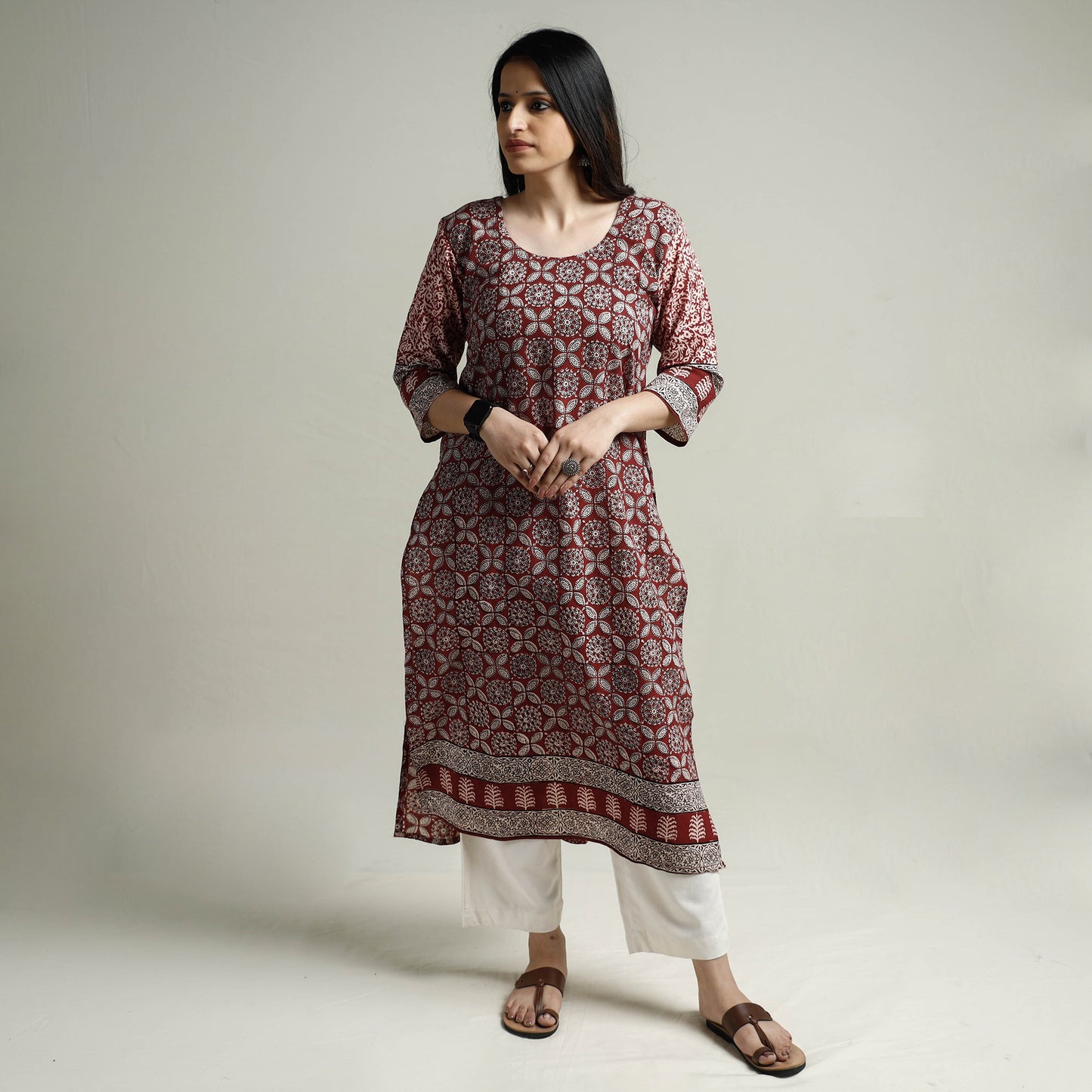 Maroon - Bagh Block Printed Cotton Long Kurta