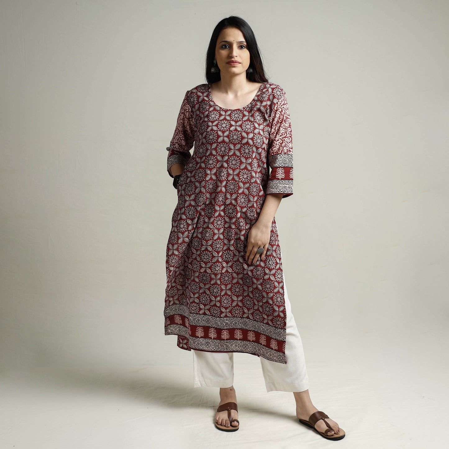 Maroon - Bagh Block Printed Cotton Long Kurta