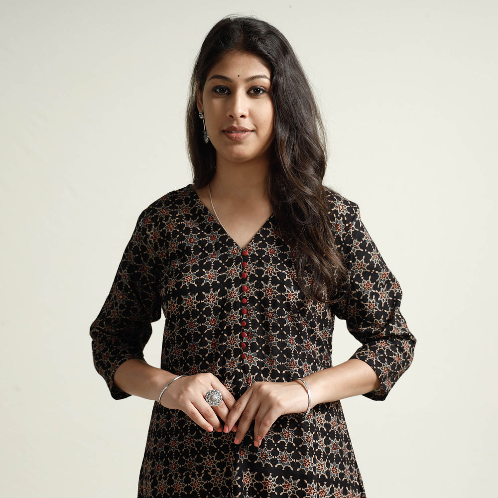 Black - Ajrakh Block Printed Cotton Kurta with Palazzo Set