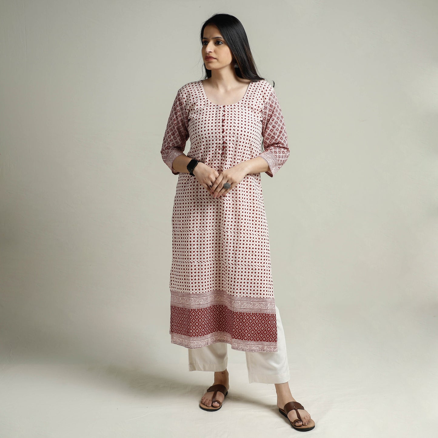 White - Bagh Block Printed Cotton Long Kurta