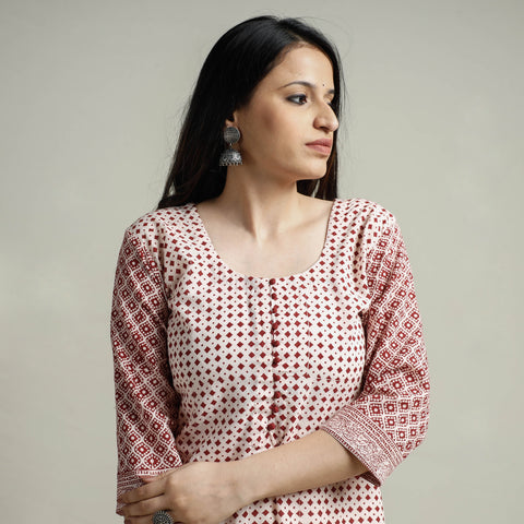 White - Block Print Cotton Straight Bagh Kurta