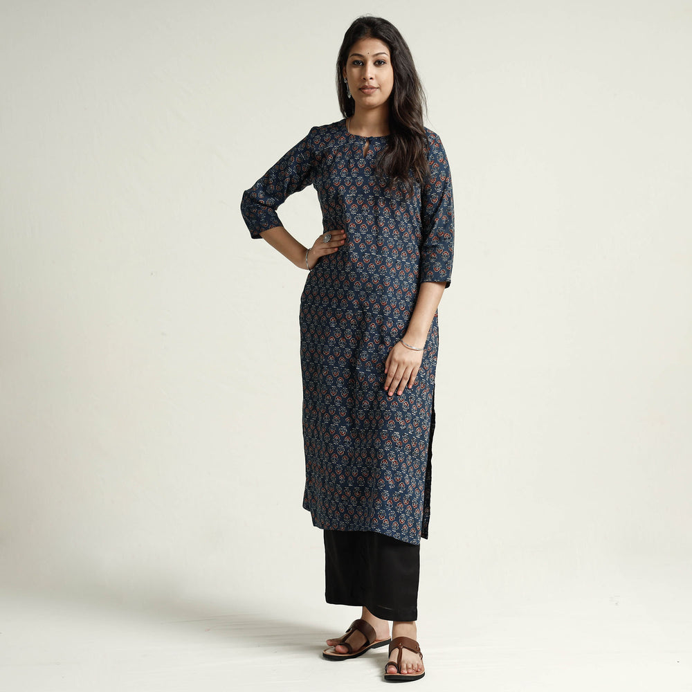 Blue - Ajrakh Block Printed Cotton Kurta with Palazzo Set