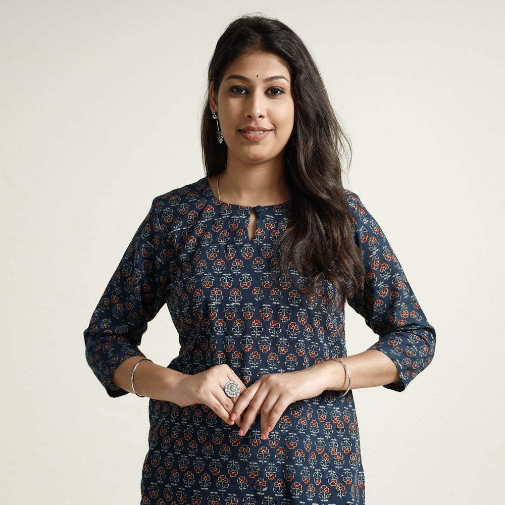 Blue - Ajrakh Block Printed Cotton Kurta with Palazzo Set