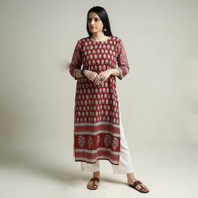 Red - Bagh Block Printed Cotton Long Straight Kurta