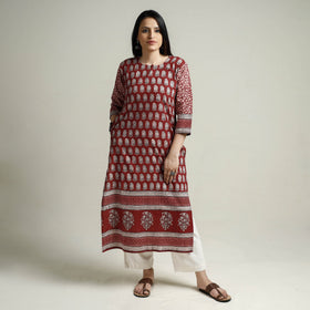 Red - Bagh Block Printed Cotton Long Straight Kurta