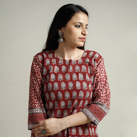 Red - Bagh Block Printed Cotton Long Straight Kurta
