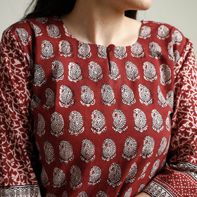 Red - Bagh Block Printed Cotton Long Straight Kurta