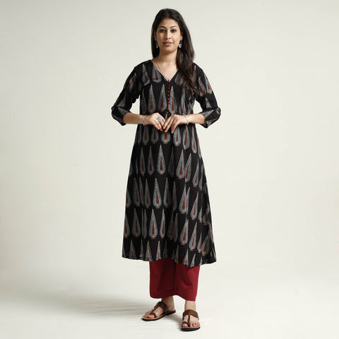 Black - Ajrakh Block Printed Cotton Kurta with Palazzo Set