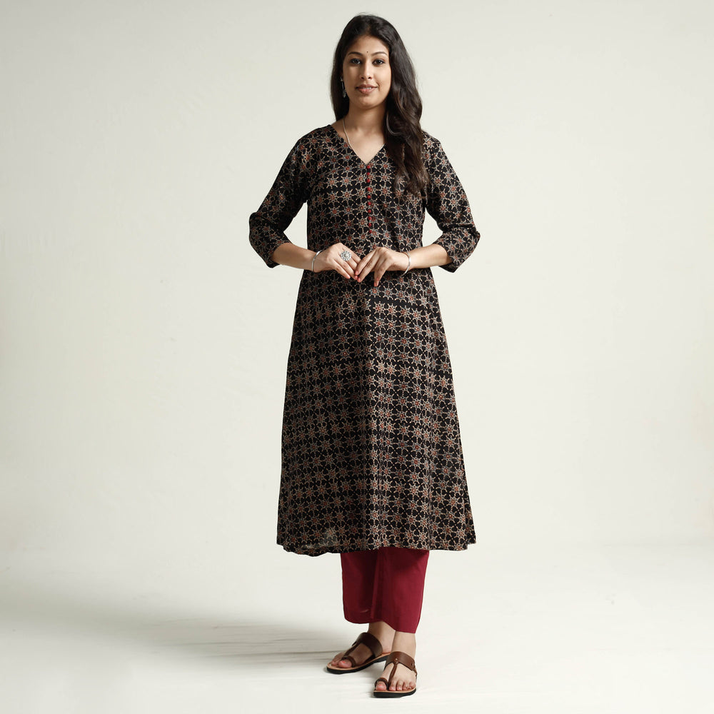 Black - Ajrakh Block Printed Cotton Kurta with Palazzo Set