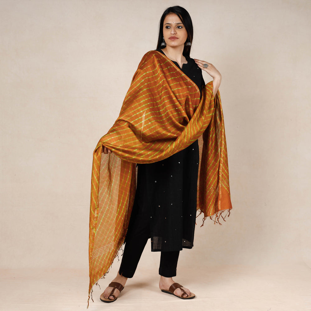 Orange - Leheriya Tie-Dye Mothra Chanderi Silk Dupatta with Tassels