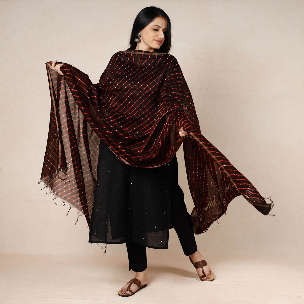 Brown - Leheriya Tie-Dye Mothra Chanderi Silk Dupatta with Tassels