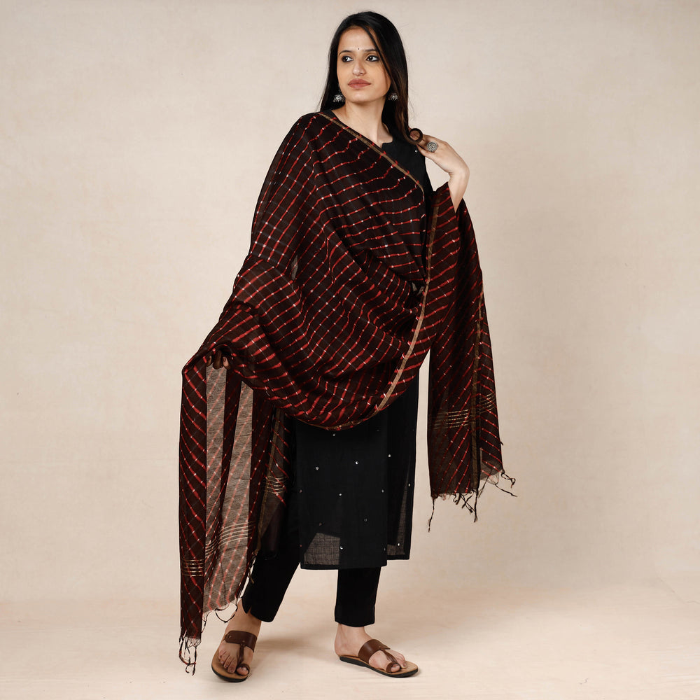 Brown - Leheriya Tie-Dye Mothra Chanderi Silk Dupatta with Tassels