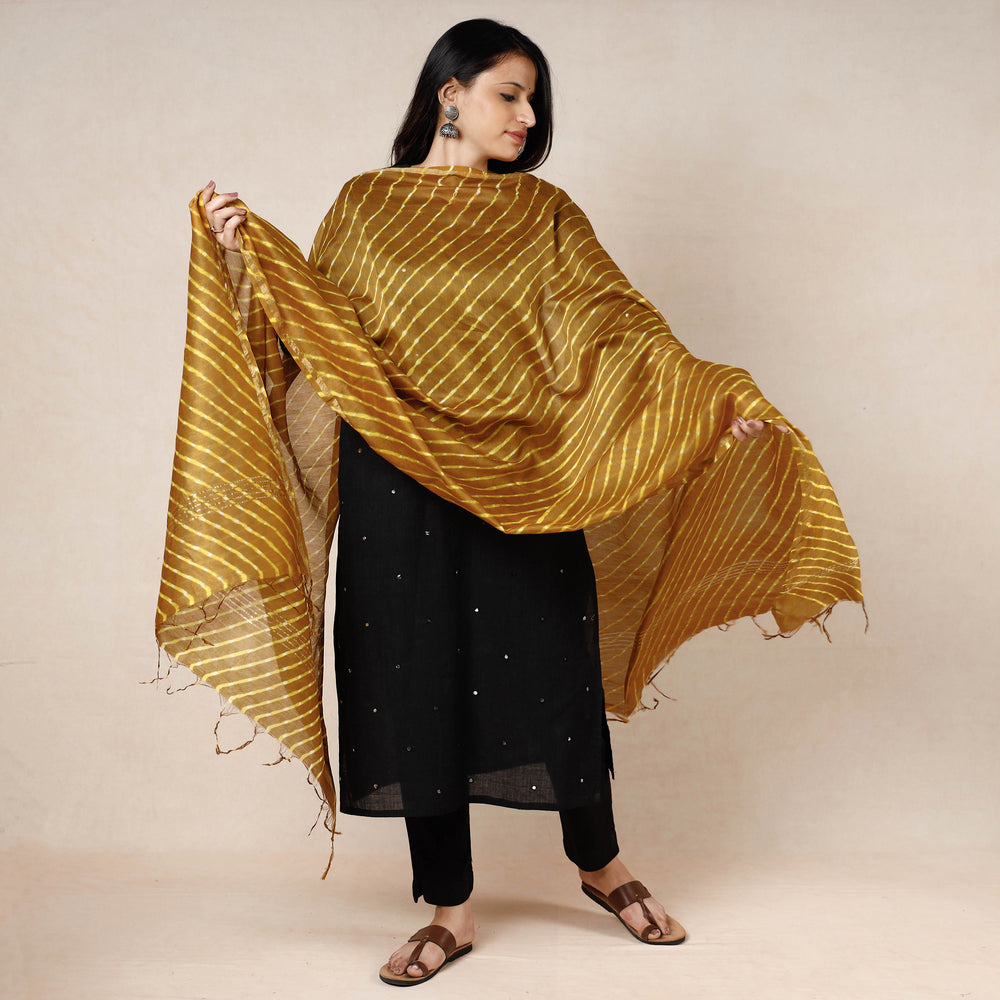 Yellow - Leheriya Tie-Dye Mothra Chanderi Silk Dupatta with Tassels