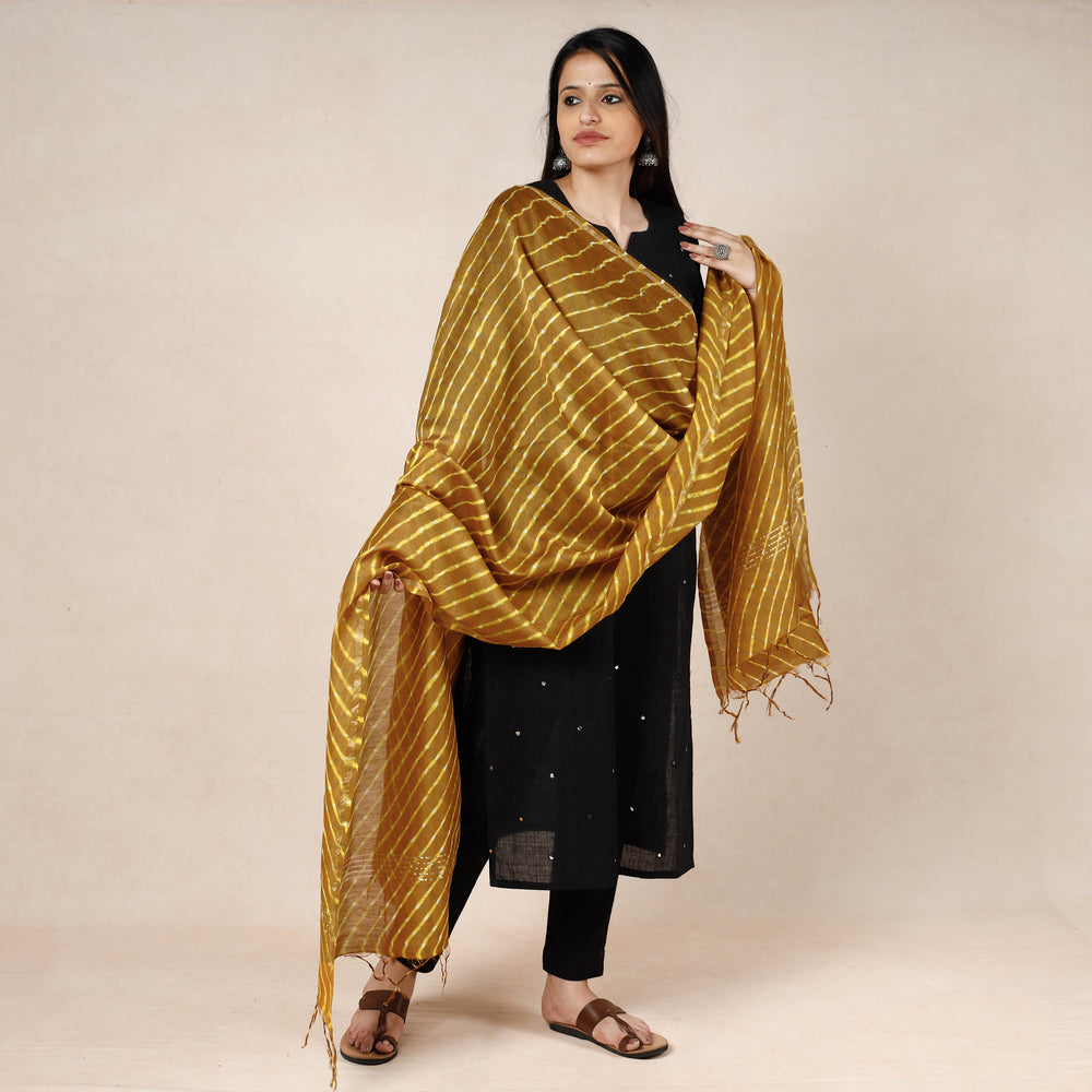 Yellow - Leheriya Tie-Dye Mothra Chanderi Silk Dupatta with Tassels