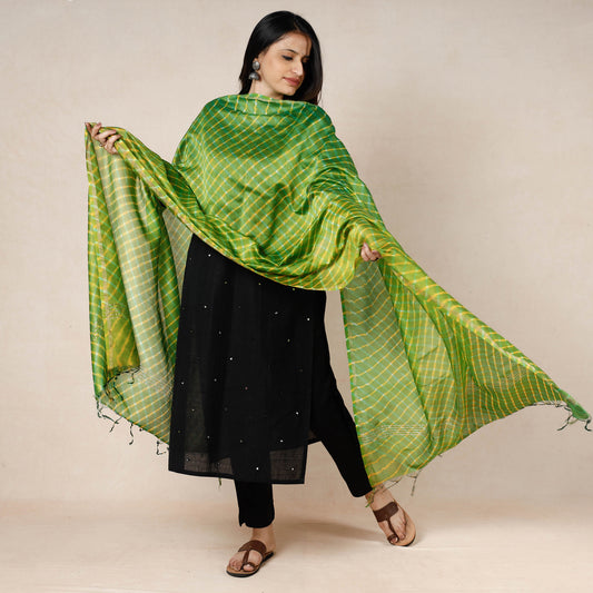 Green - Leheriya Tie-Dye Mothra Chanderi Silk Dupatta with Tassels