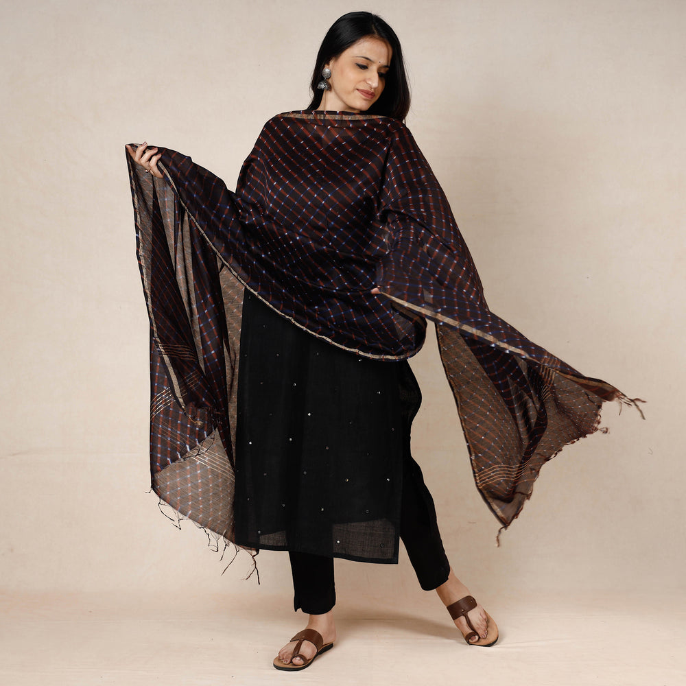 Brown - Leheriya Tie-Dye Mothra Chanderi Silk Dupatta with Tassels