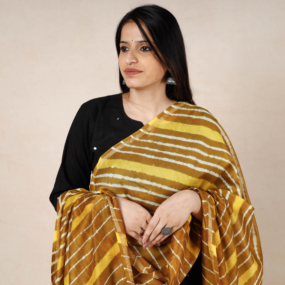 Yellow - Leheriya Tie-Dye Chanderi Silk Dupatta with Tassels