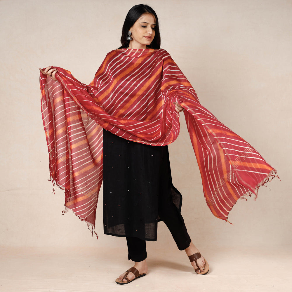 Red - Leheriya Tie-Dye Chanderi Silk Dupatta with Tassels