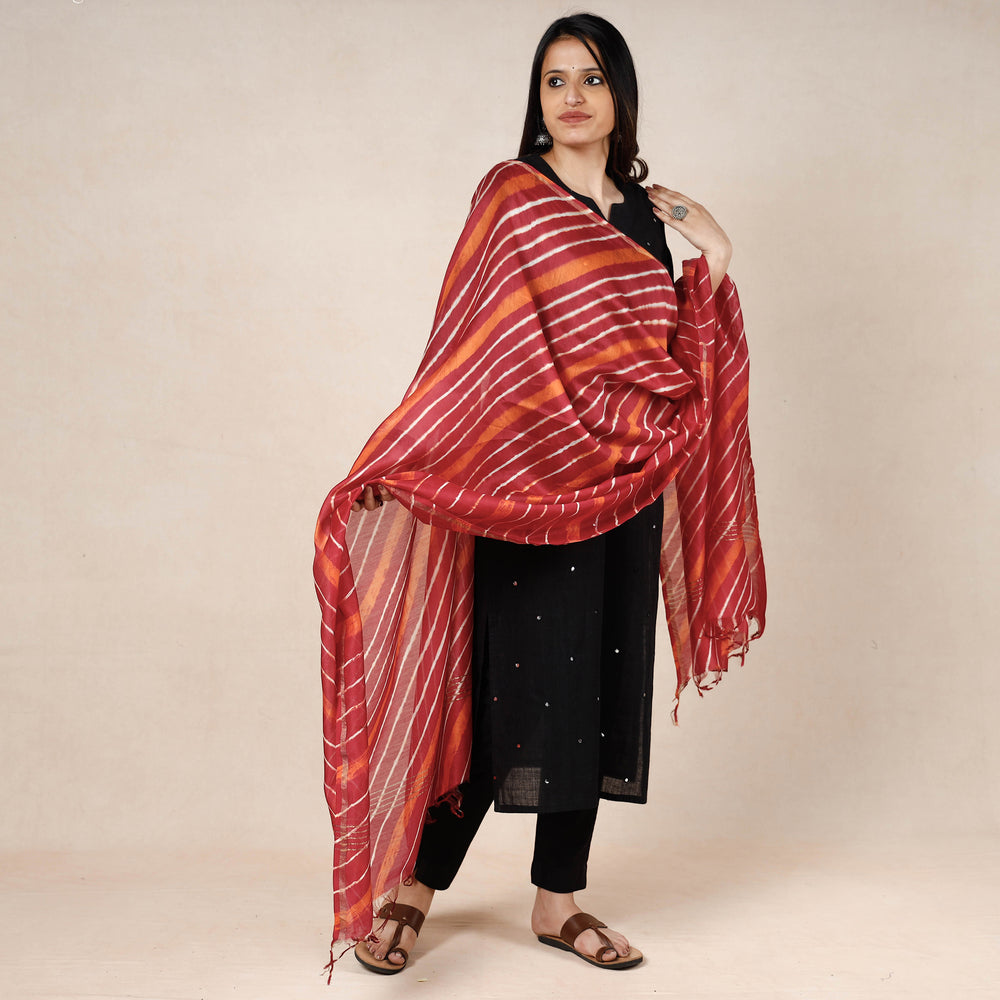 Red - Leheriya Tie-Dye Chanderi Silk Dupatta with Tassels