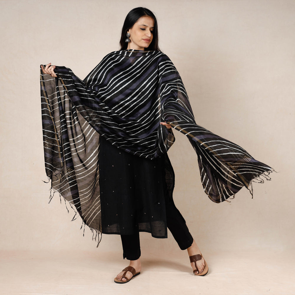 Black - Leheriya Tie-Dye Chanderi Silk Dupatta with Tassels