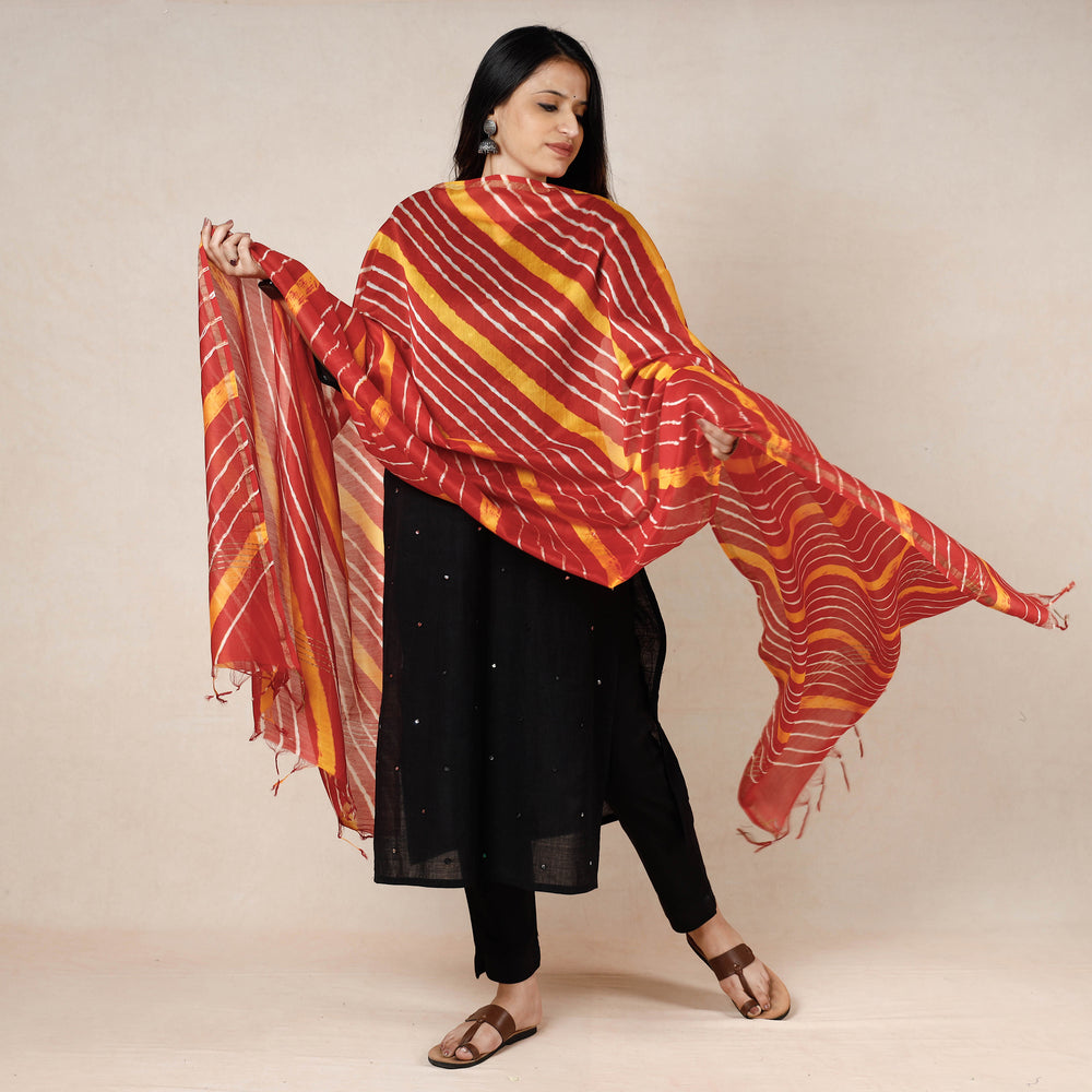 Red - Leheriya Tie-Dye Chanderi Silk Dupatta with Tassels