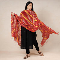 Red - Leheriya Tie-Dye Chanderi Silk Dupatta with Tassels