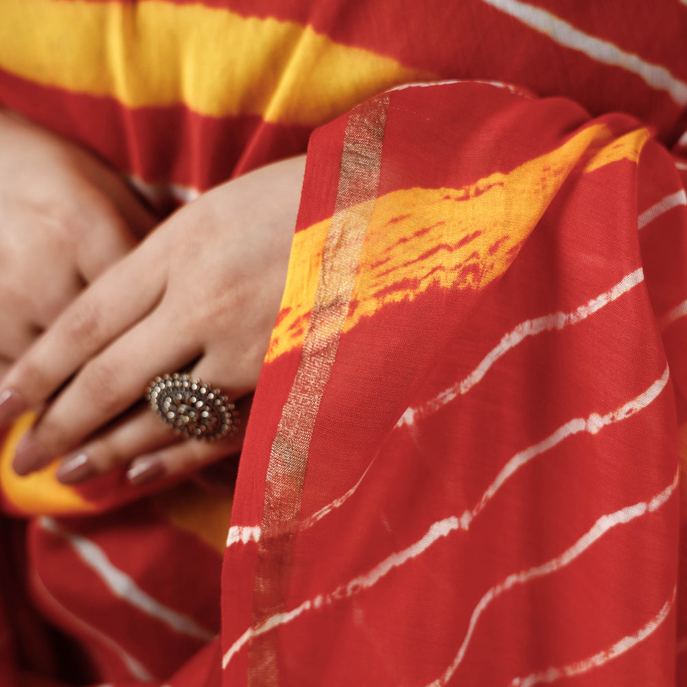 Red - Leheriya Tie-Dye Chanderi Silk Dupatta with Tassels