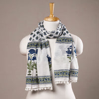 White with Blue Flowers Sanganeri Block Printed Cotton Stole with Tassels