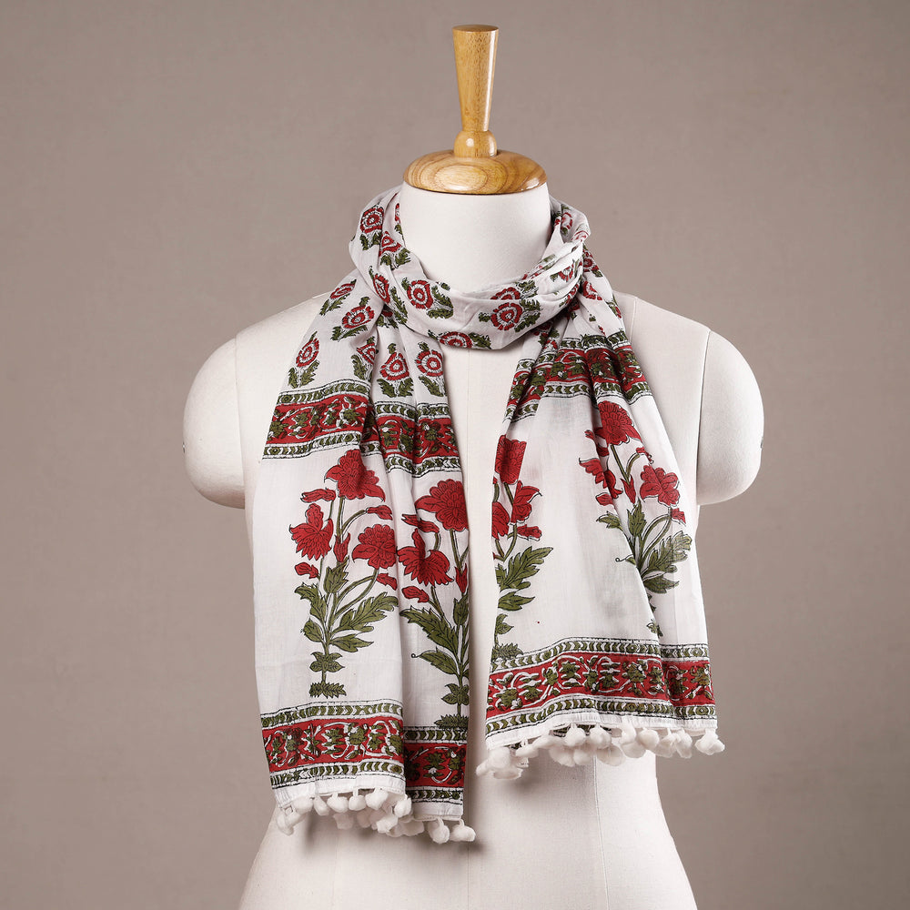 Pink - White & Red Gulshan Bagh Flowers Sanganeri Block Printed Cotton Stole with Tassels