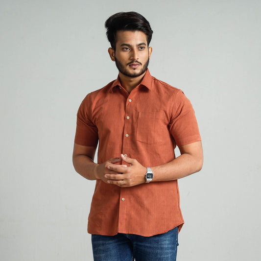 Brown - Plain Handloom Cotton Men Half Sleeve Shirt