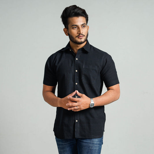 Black - Plain Handloom Cotton Men Half Sleeve Shirt