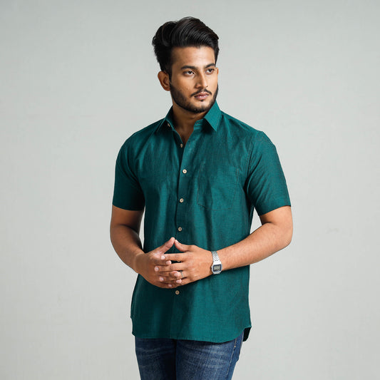 Teal Green - Plain Handloom Cotton Men Half Sleeve Shirt