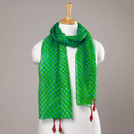 Green - Leheriya Tie-Dye Mothra Kota Doria Silk Stole with Tassels