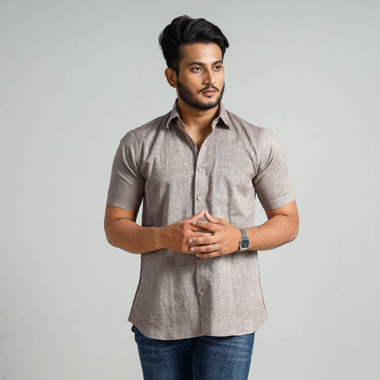 Light Brown - Plain Handloom Cotton Men Half Sleeve Shirt