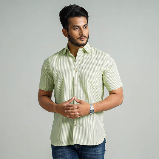 Light Green - Plain Handloom Cotton Men Half Sleeve Shirt