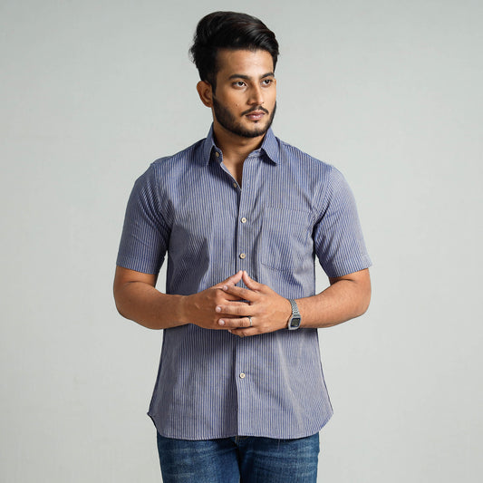 Blue - Purple - Plain Handloom Cotton Men Half Sleeve Shirt