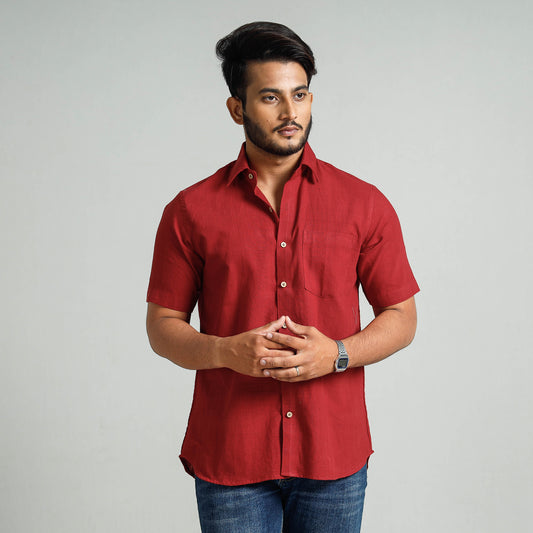 Red - Plain Handloom Cotton Men Half Sleeve Shirt