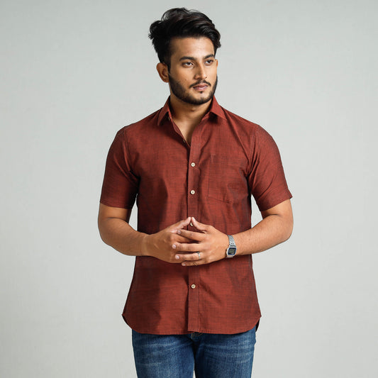 Maroon - Rust - Plain Handloom Cotton Men Half Sleeve Shirt