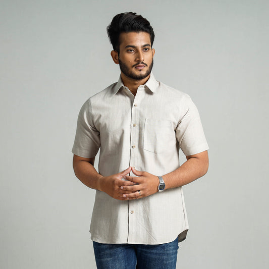 Off White - Plain Handloom Cotton Men Half Sleeve Shirt