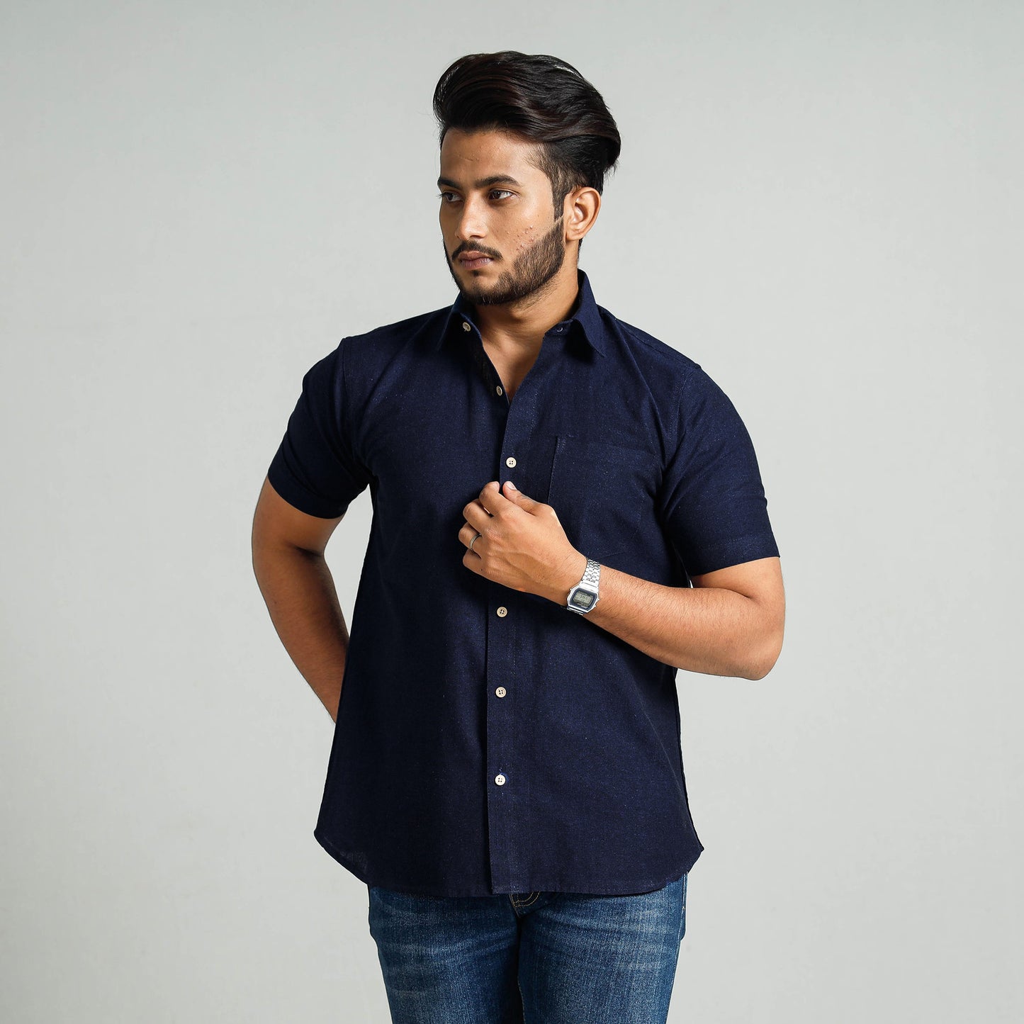 Navy Blue - Plain Handloom Cotton Men Half Sleeve Shirt