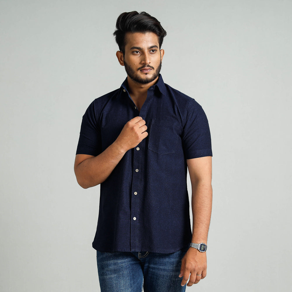 Navy Blue - Plain Handloom Cotton Men Half Sleeve Shirt