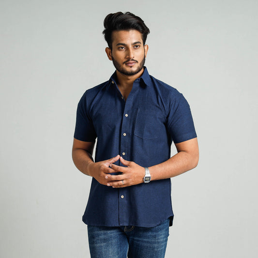 Navy Blue - Plain Handloom Cotton Men Half Sleeve Shirt