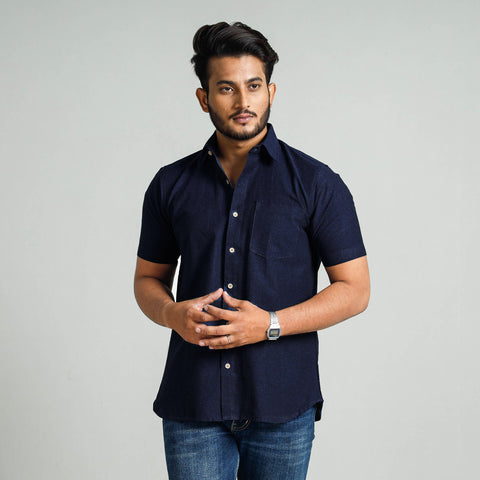 Navy Blue - Plain Handloom Cotton Men Half Sleeve Shirt