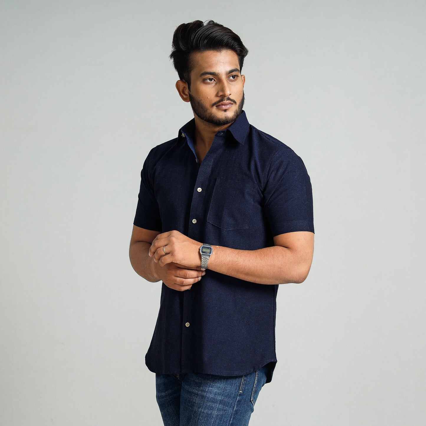 Navy Blue - Plain Handloom Cotton Men Half Sleeve Shirt